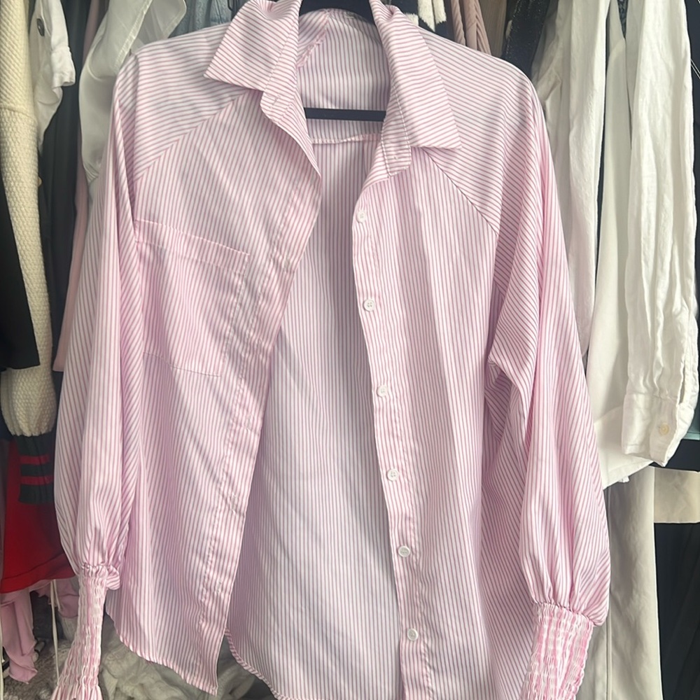 Pink and white striped button up